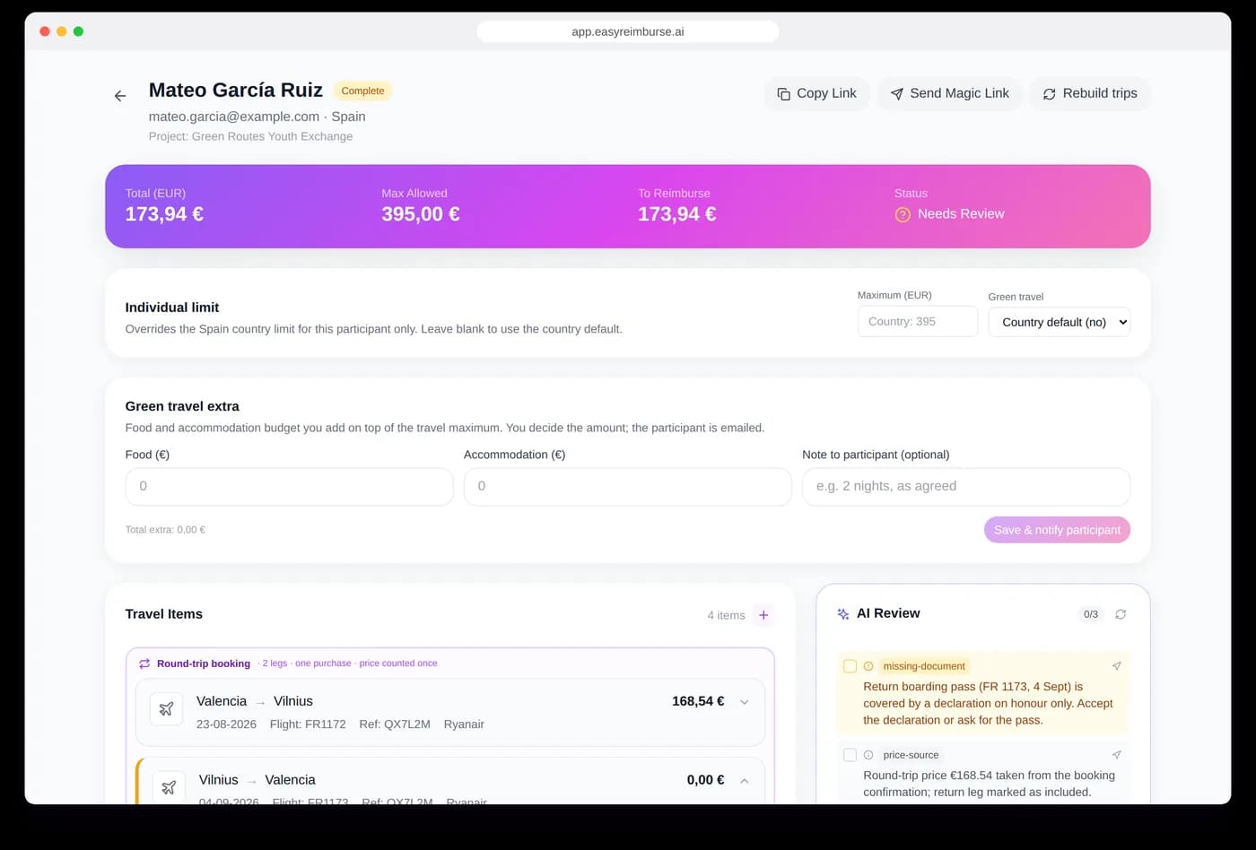 A participant file with the AI review findings next to the trips